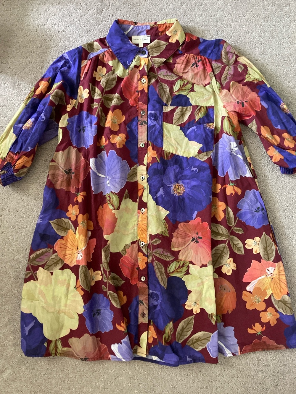 Entro burgundy floral shirt dress, Small.